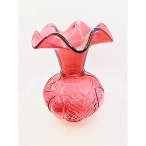 Fenton Cranberry Drapery Pattern Vase Ruffled Edge 7.75" Tall0